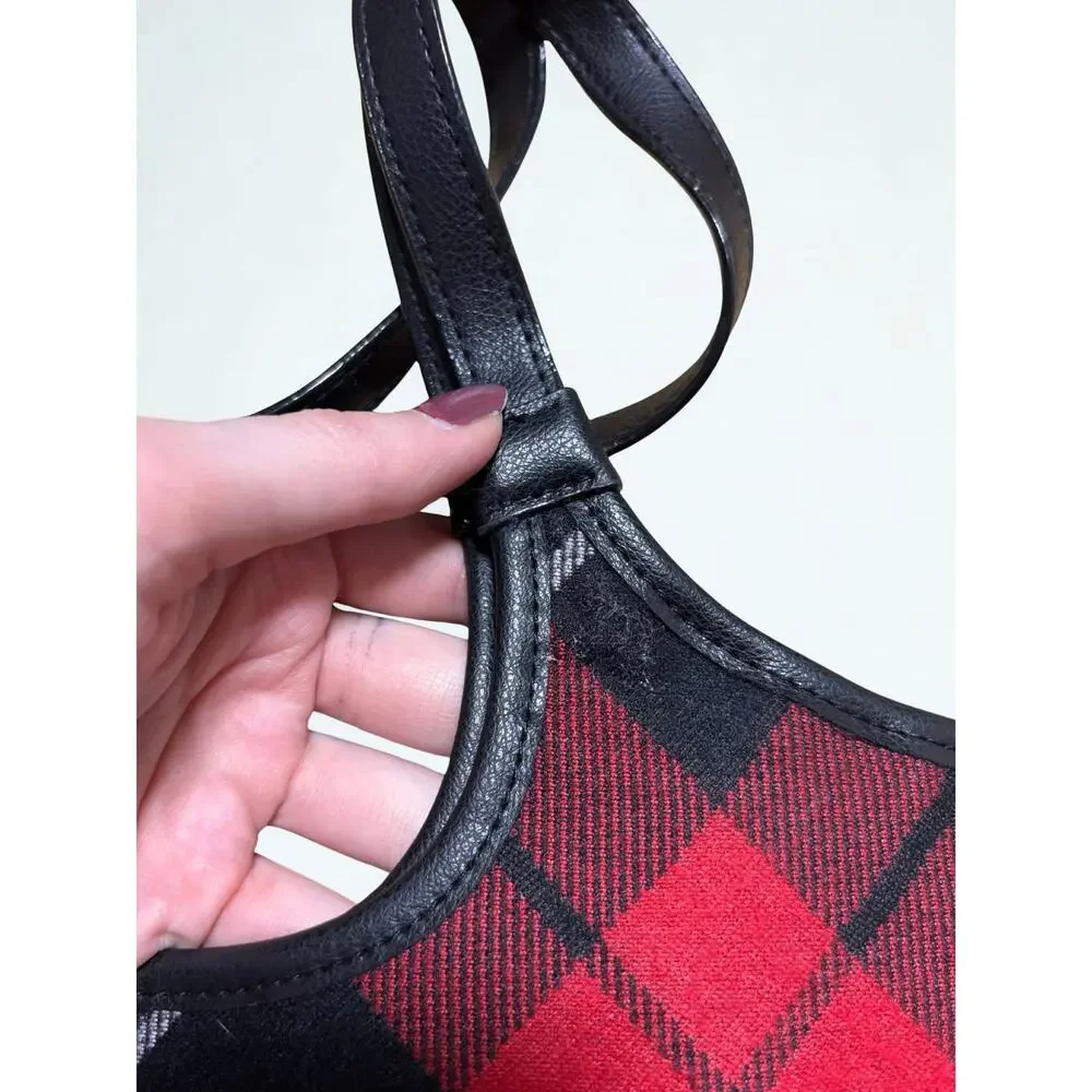 Victoria’s Secret Red Tartan Plaid Black Faux Leather Handle Tote Bag